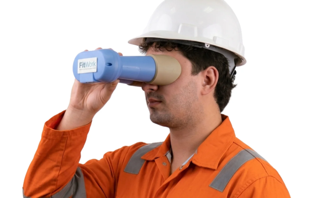Trabajador con casco haciendo una medición de aptitud laboral con el sensor de iris de AptOK
